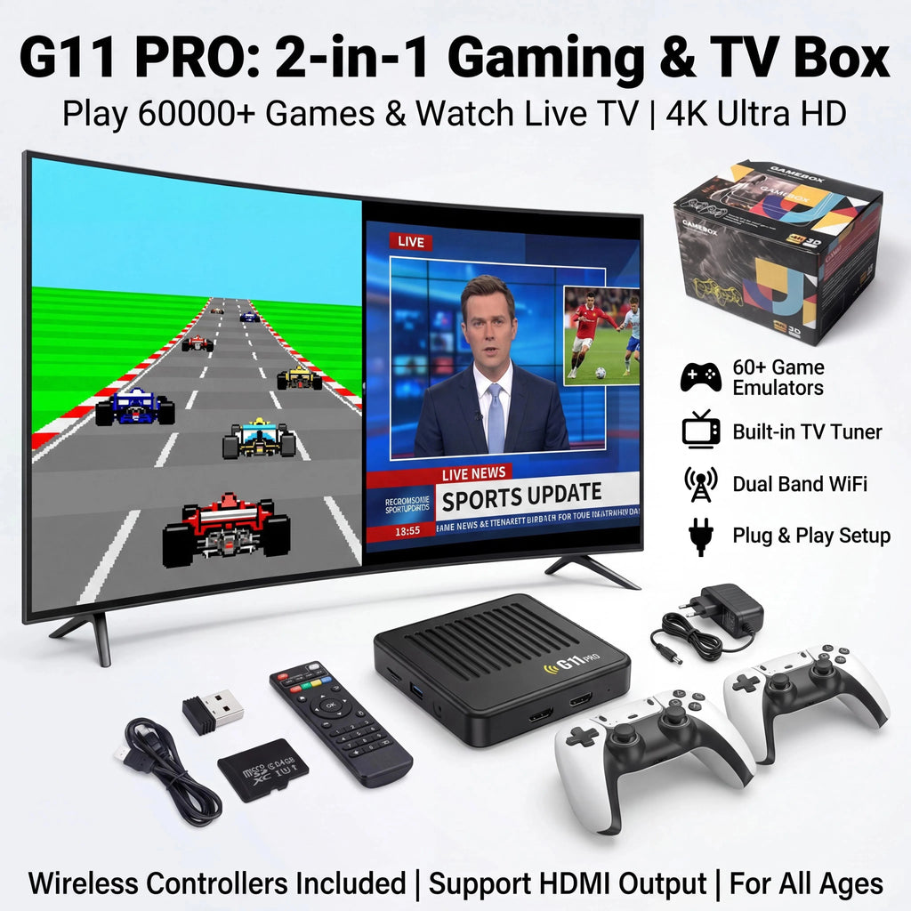 Reproductor multimedia y de juegos portátil G11 PRO 2 en 1 con pantalla 4K HD, chip de rendimiento estable, gran cantidad de juegos clásicos y casuales preinstalados y mandos inalámbricos; ideal para reuniones familiar