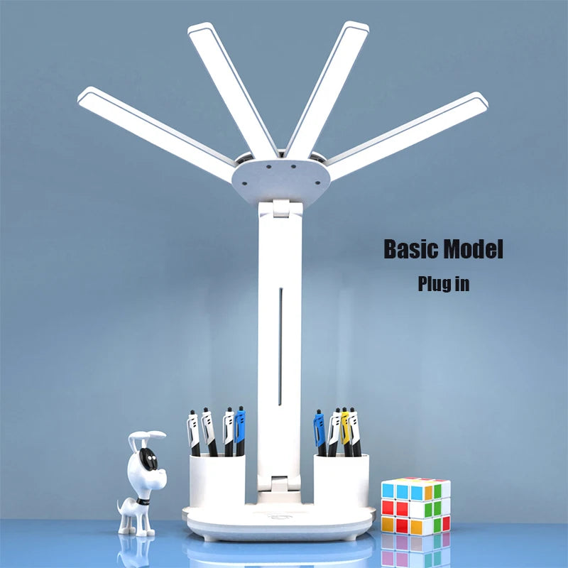 Lámpara de escritorio multifuncional 3 en 1, lámpara LED de escritorio plegable de cuatro cabezales con ventilador, calendario, reloj, lámpara de escritorio de oficina de lectura recargable por USB