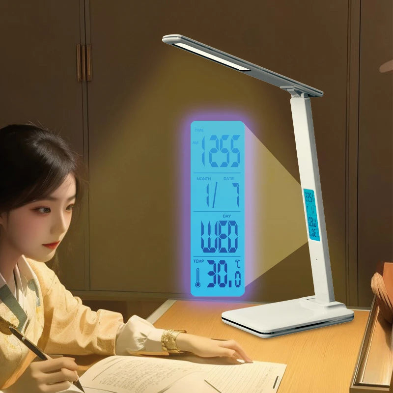 Lámpara de escritorio de lectura plegable, luz de escritorio enchufable USB, 15W, carga inalámbrica para teléfono móvil con tiempo, dormitorio, oficina, protección ocular