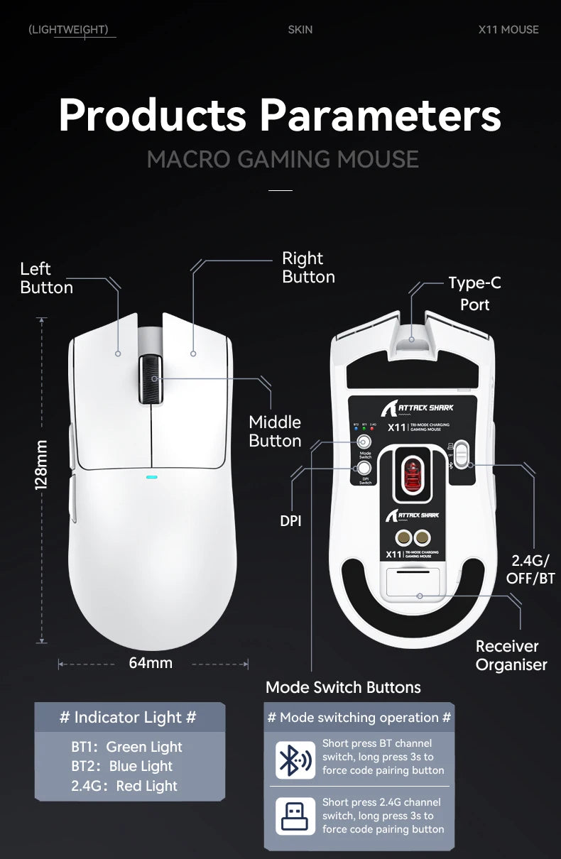 Ratón inalámbrico Attack Shark X11, ratón multimodo Bluetooth/2,4G/con cable, ratón para juegos con base de carga magnética RGB PAW3311