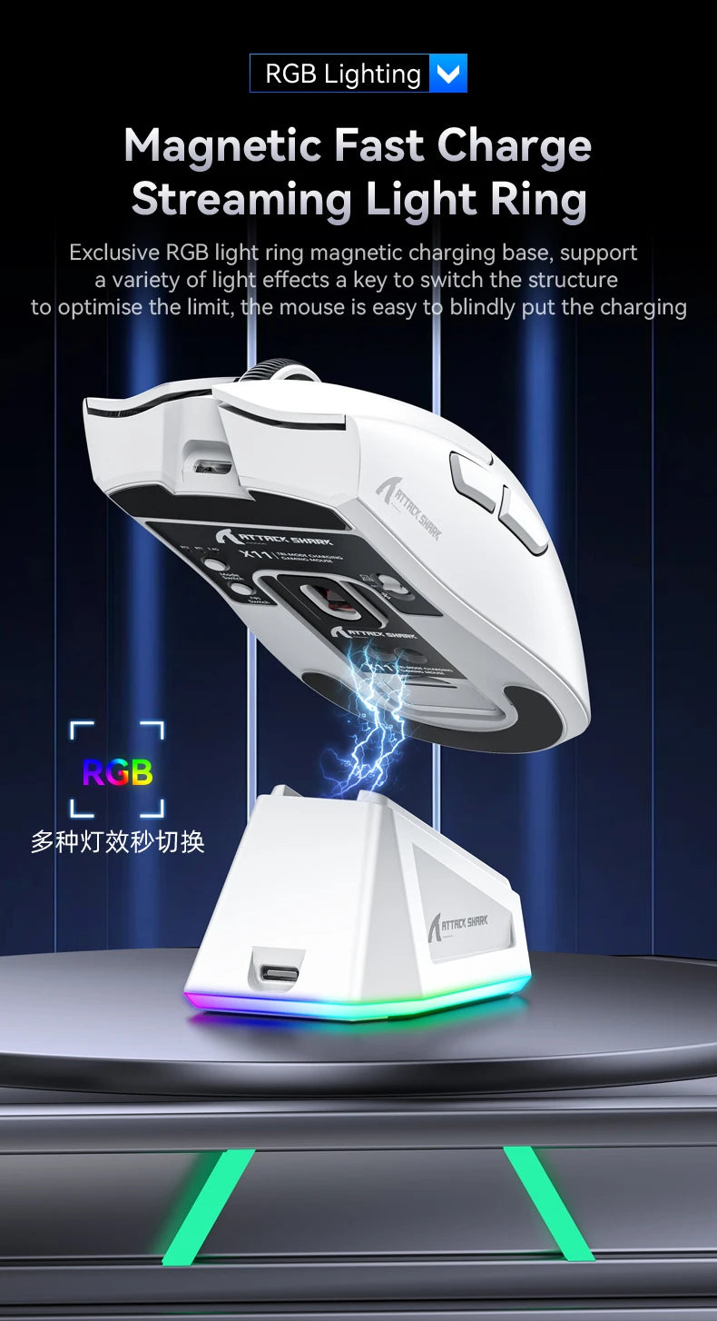 Ratón inalámbrico Attack Shark X11, ratón multimodo Bluetooth/2,4G/con cable, ratón para juegos con base de carga magnética RGB PAW3311