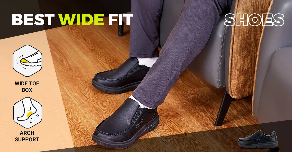 Zapatos Fitville para hombre, zapatos informales sin cordones de cuero de ancho, ligeros para pies hinchados con soporte para el arco, alivio del dolor
