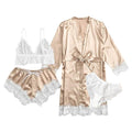 Conjunto de pantalones de pijama sexys de verano para mujer, 4 piezas de satén de encaje con bata de dormir de seda, ropa de dormir cómoda y a la moda
