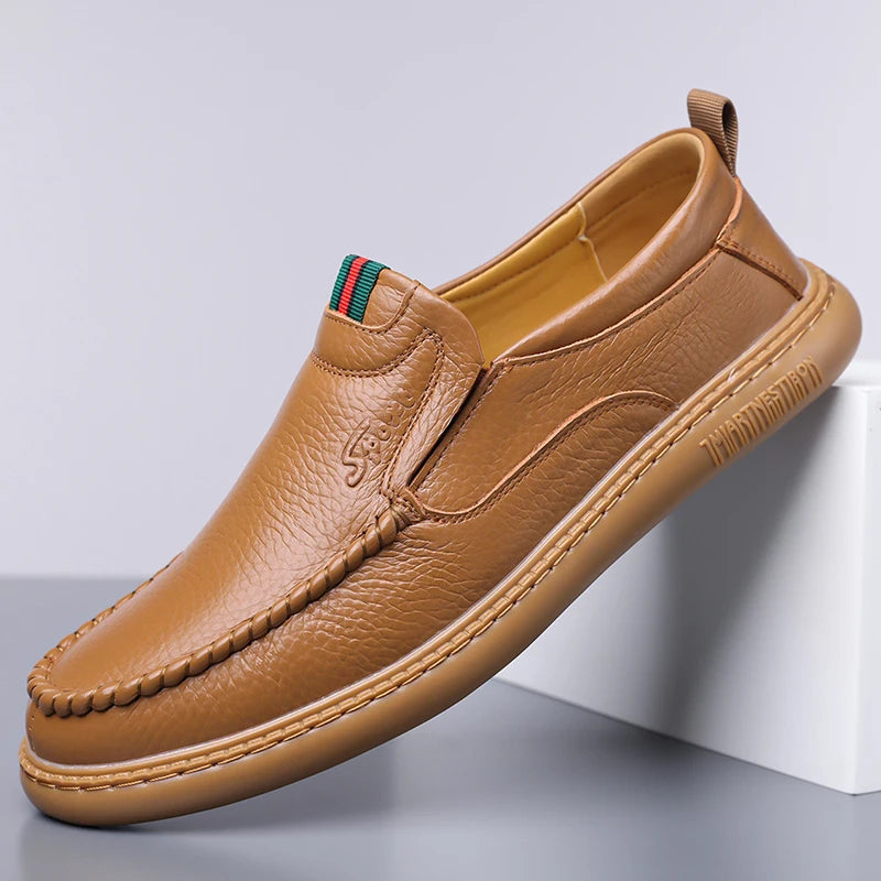 Mocasines de cuero para hombre con suela de goma cosida a mano