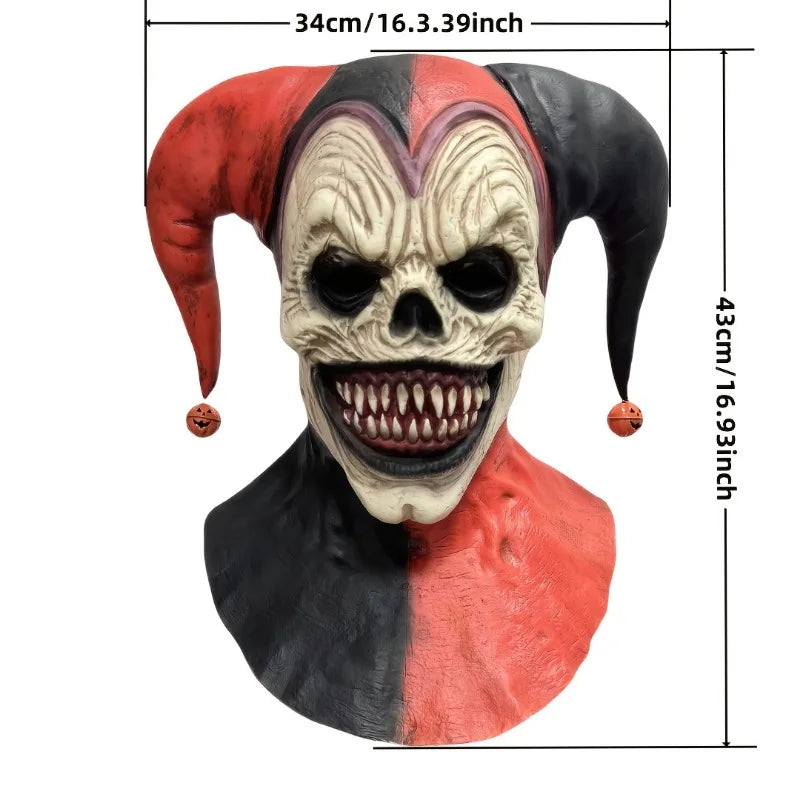 Máscara de payaso amenazante con cuernos, calavera sangrante, Halloween para fiestas de disfraces, casas embrujadas con pendientes de campana, colgantes de calabaza