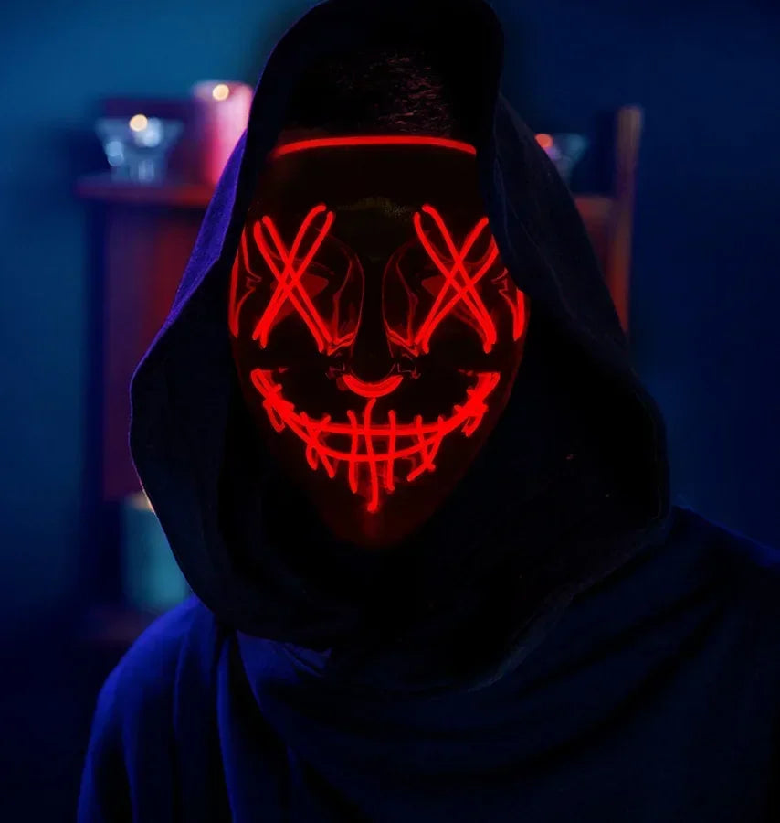 Máscara LED de neón iluminada inalámbrica para Halloween, máscara de terror, accesorio para disfraces de carnaval, cosplay y fiestas.