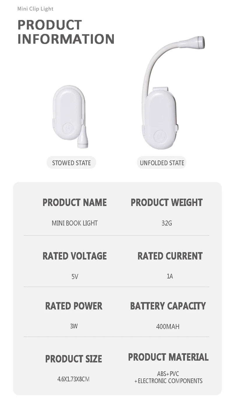 Lámpara LED portátil para libros, luz nocturna recargable por USB para protección ocular, Mini 360 ° Lámpara de lectura de escritorio con clip Luz nocturna de dormitorio de viaje
