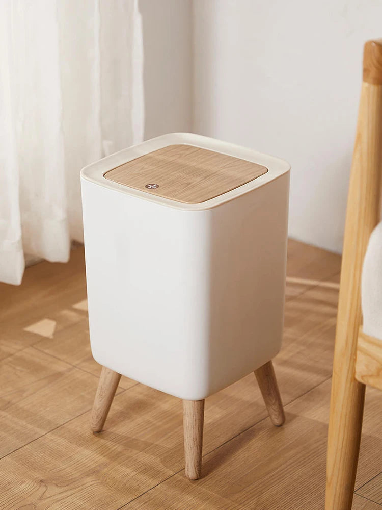 Cubo de basura tipo presión con imitación de madera para dormitorio, baño y sala