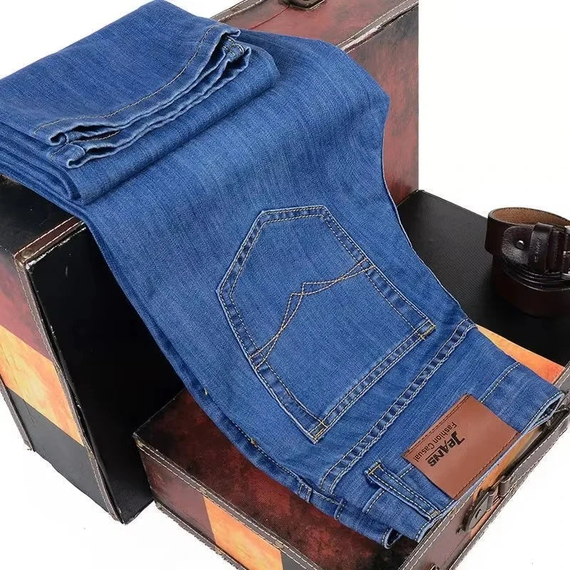 Pantalones Vaqueros de Negocios para Hombre, Ajustados Elásticos, Negro y Azul