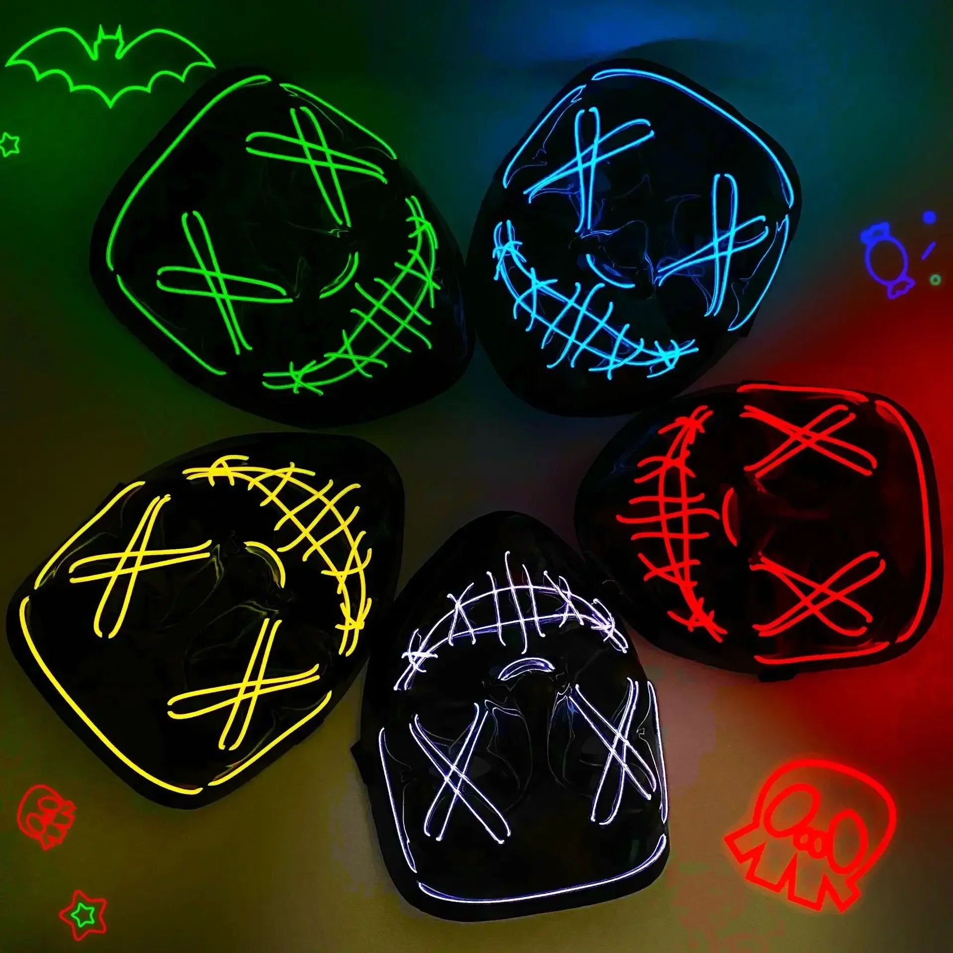 Máscara LED de neón iluminada inalámbrica para Halloween, máscara de terror, accesorio para disfraces de carnaval, cosplay y fiestas.