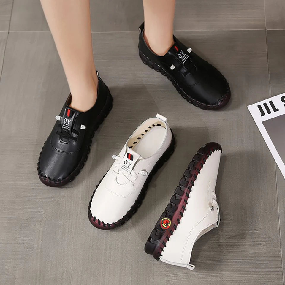 Zapatillas de deporte para Mujer, mocasines con cordones de cuero, planos, informales, cómodos, para mamá, para Mujer