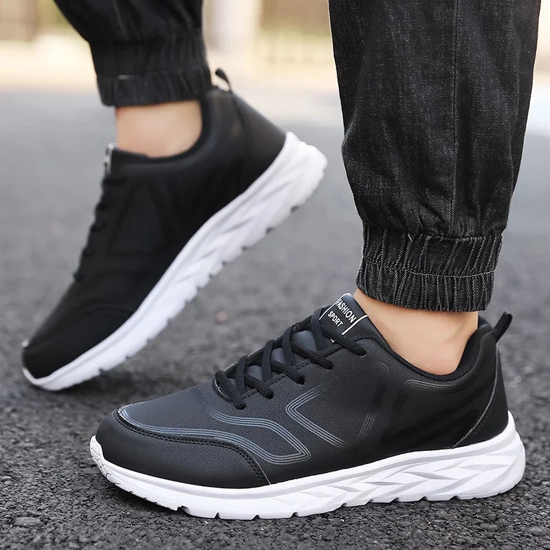 YRZL-Zapatillas deportivas impermeables de cuero para hombre, zapatos deportivos cómodos para caminar, resistentes al desgaste, color negro