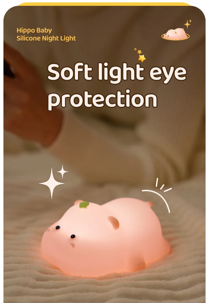 Luz nocturna de hipopótamo rosa para niños, Linda luz nocturna de silicona, carga USB, lámpara de sincronización táctil, decoración de escritorio, regalo