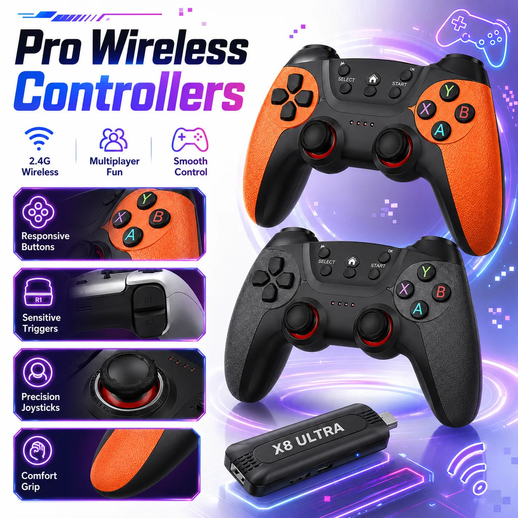 Stick de juego HD 4K X8 ULTRA de uso inmediato sin configuración compleja, dos mandos inalámbricos 2,4G incluidos, 50000 juegos de ocio precargados, salida HDMI para TV, regalo divertido para fiestas y reuniones de