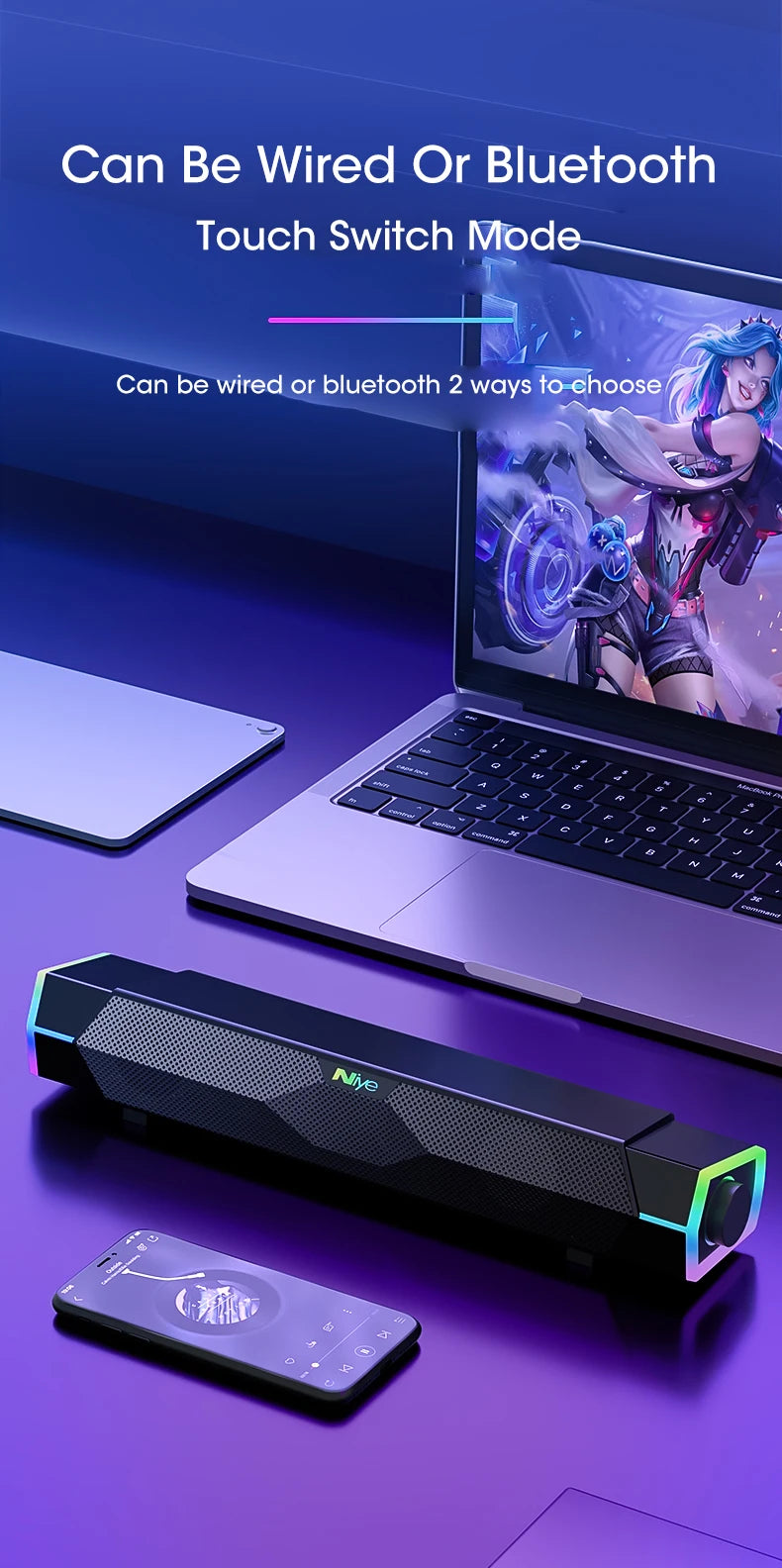 Barra de Sonido Bluetooth 5.0 para PC con Subwoofer y Luces RGB