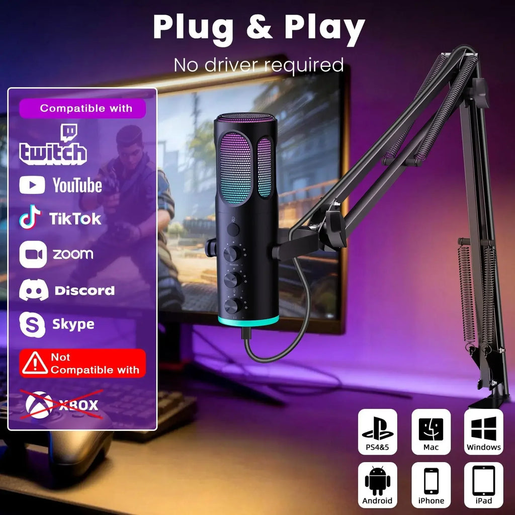 Micrófono USB para Juegos PUPGSIS, Micrófono de Condensador con Cancelación de Ruido, Silenciador, Ganancia, Luces RGB, Soporte de Brazo para Streaming, PC