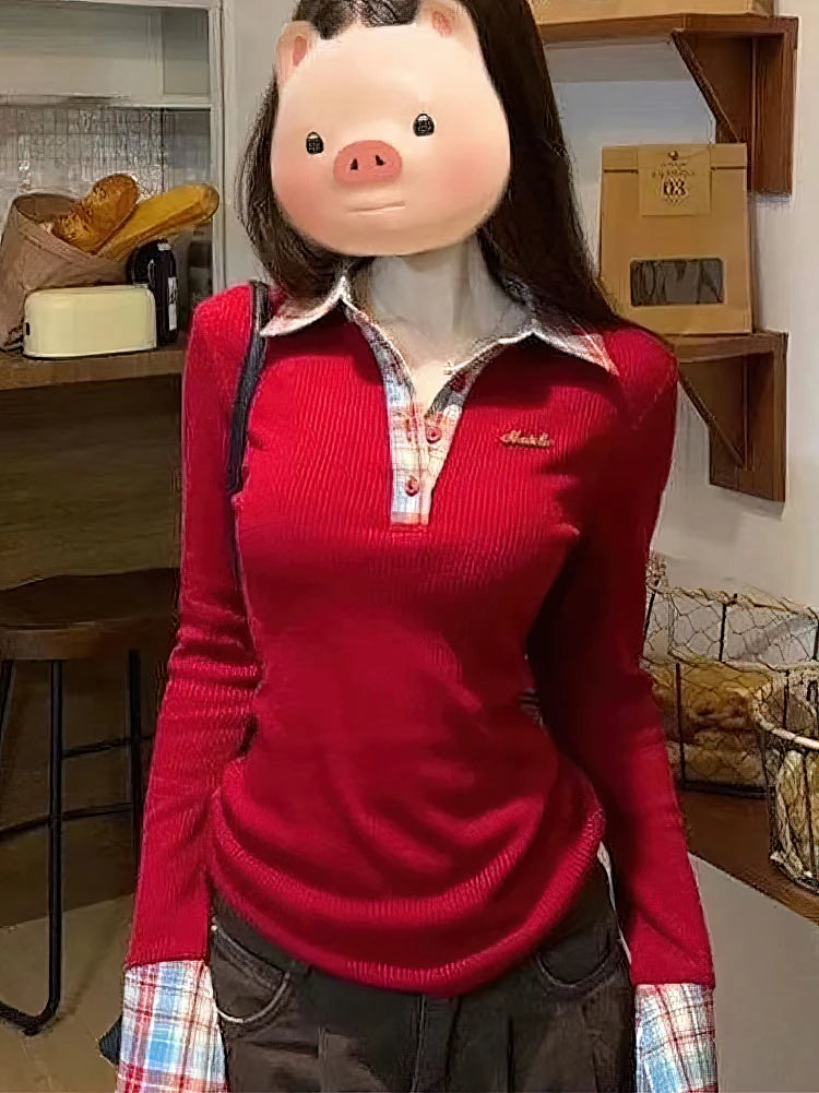 Camiseta de Manga Larga a Cuadros con Cuello Polo