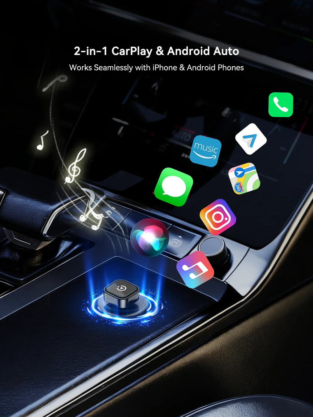 Dongle inalámbrico CarPlay y Android Auto 2 en 1, conexión automática rápida, Plug & Play compacto para iPhone Android, USB A/USB-C sin retardo