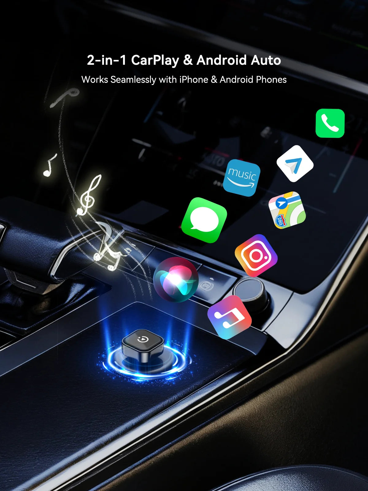Dongle inalámbrico CarPlay y Android Auto 2 en 1, conexión automática rápida, Plug & Play compacto para iPhone Android, USB A/USB-C sin retardo