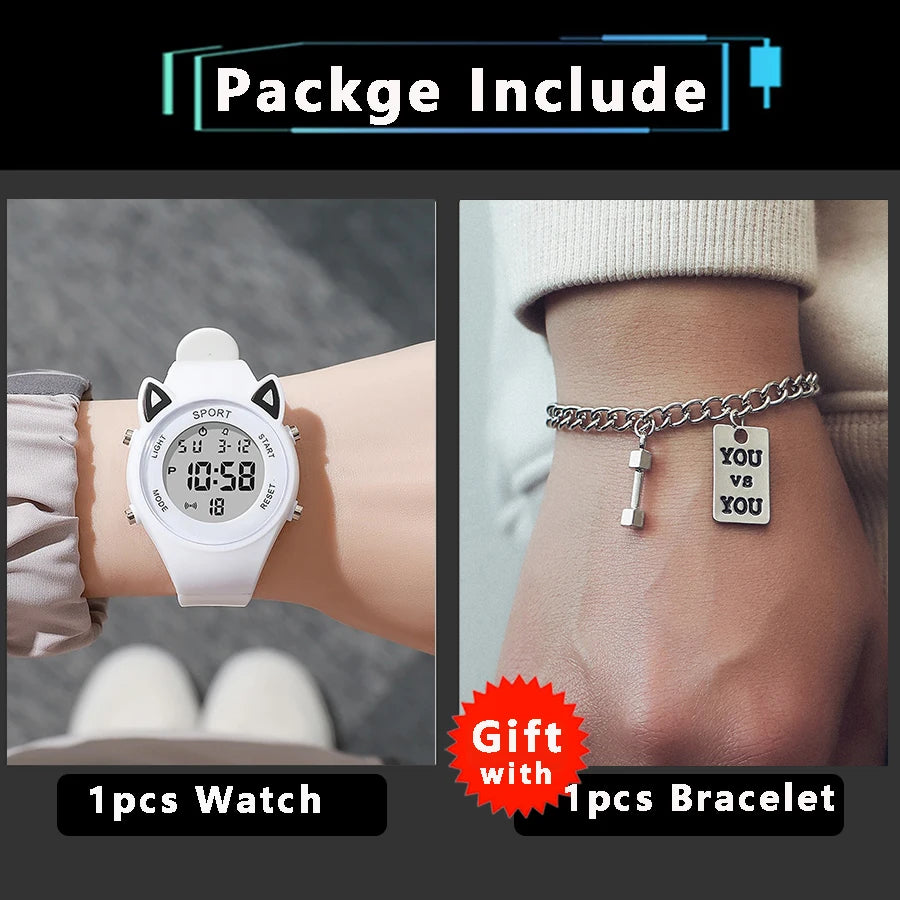 Reloj infantil con orejas de gato y pulsera, reloj digital impermeable, reloj deportivo electrónico LED para niñas, niños, estudiantes, regalo para niños