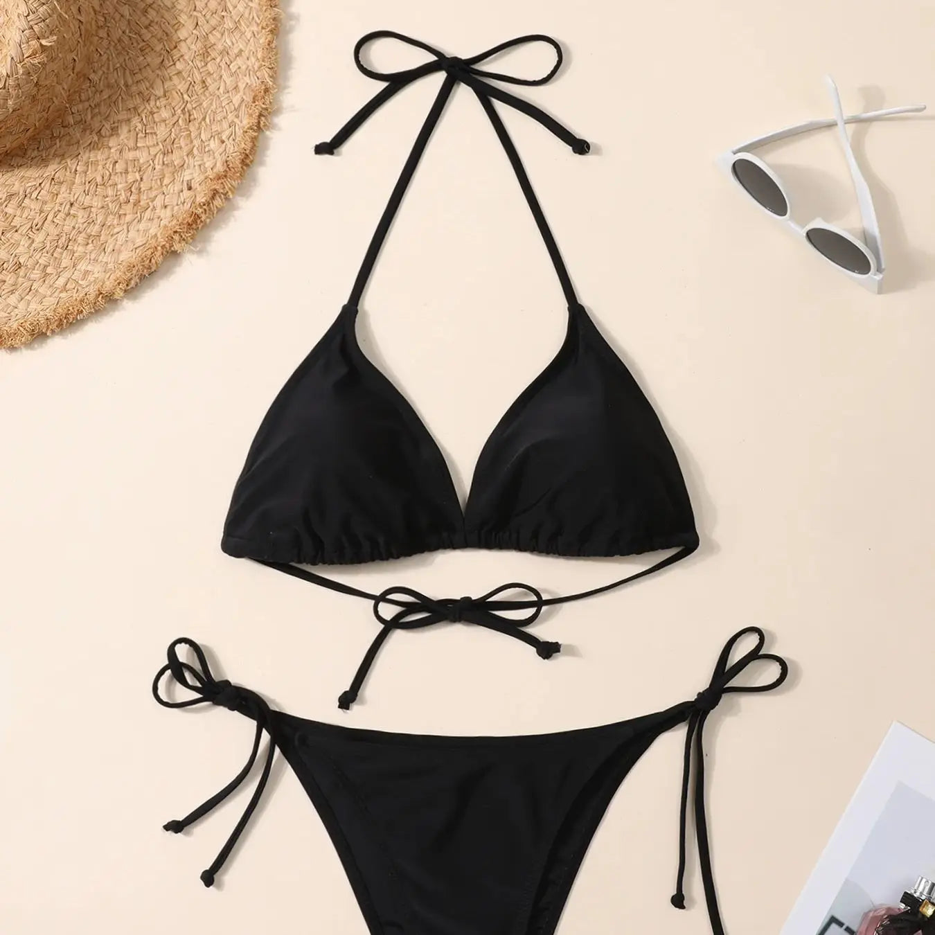 Bikini Negro Sexy de Estilo Europeo y Americano, Traje de Baño de Dos Piezas para Mujer, Ropa de Playa Moderna y Popular para Damas