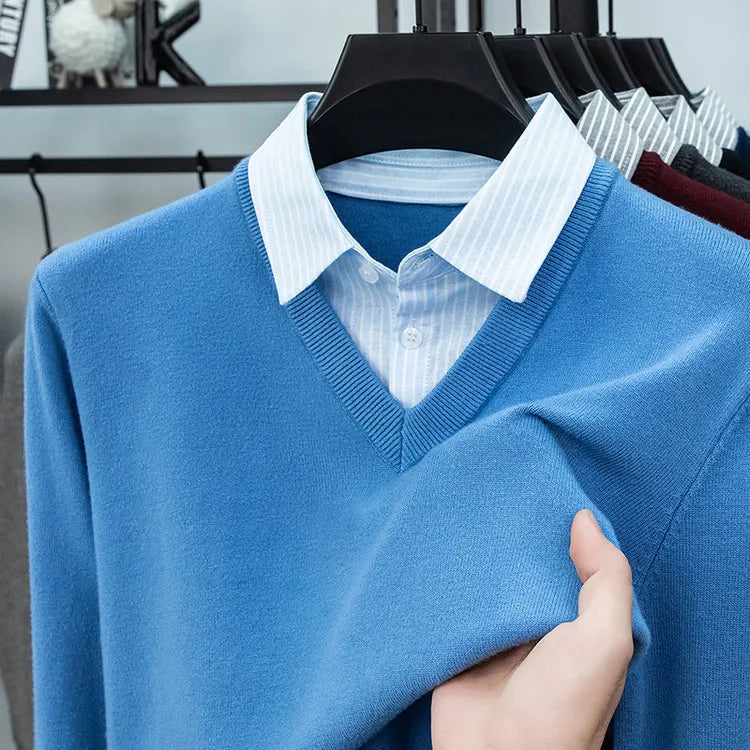 Suéter de punto con cuello de camisa para hombre, azul claro (6 colores), diseño falso de dos capas, estilo informal de negocios    Ajuste elástico y cómodo