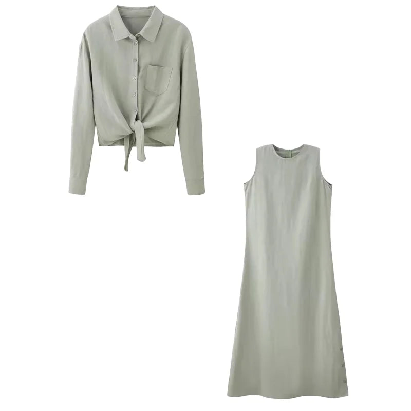 Conjunto de camisa y vestido de lino y algodón para mujer, estampado de moda con bolsillo, colección de vestidos de alta calidad, conjunto elegante de 2 piezas para otoño