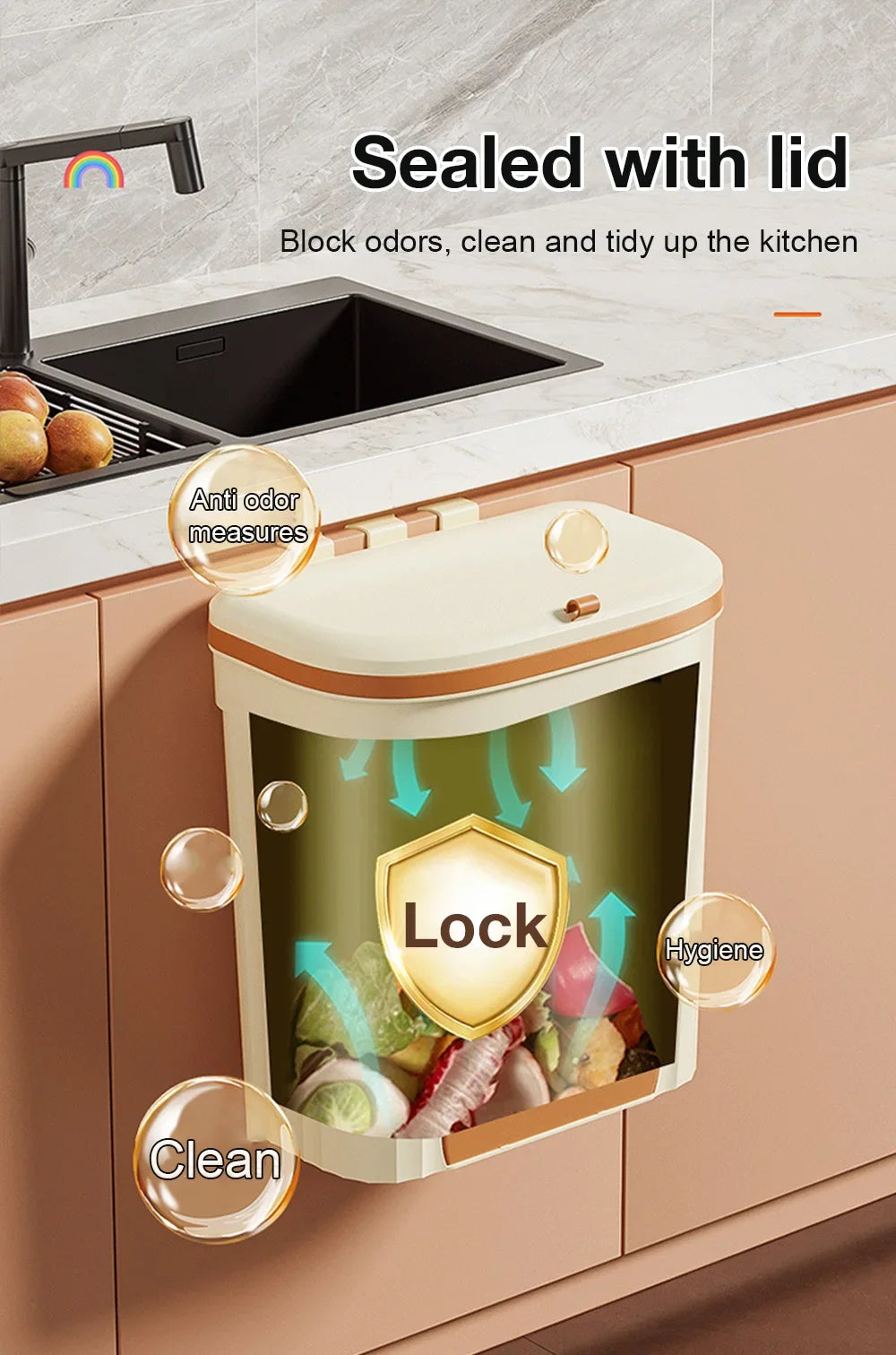 Cubo de basura de cocina 8,5/12L con tapa, montado en pared o encimera