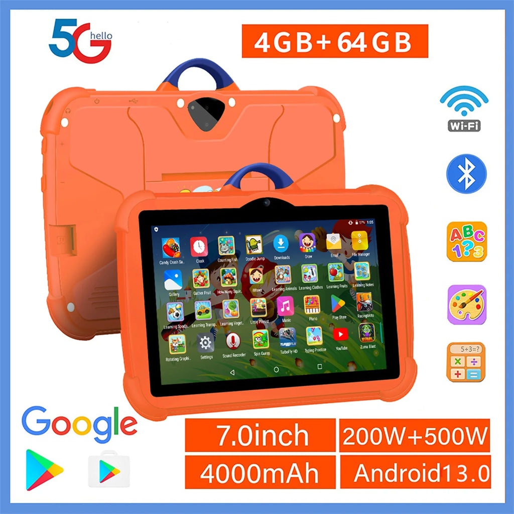Tableta Infantil 2025 Nueva de 7 Pulgadas con WiFi 5G, Quad Core, 4GB RAM, 64GB ROM, Android, para Aprendizaje y Educación, Regalo Preferido para Niños