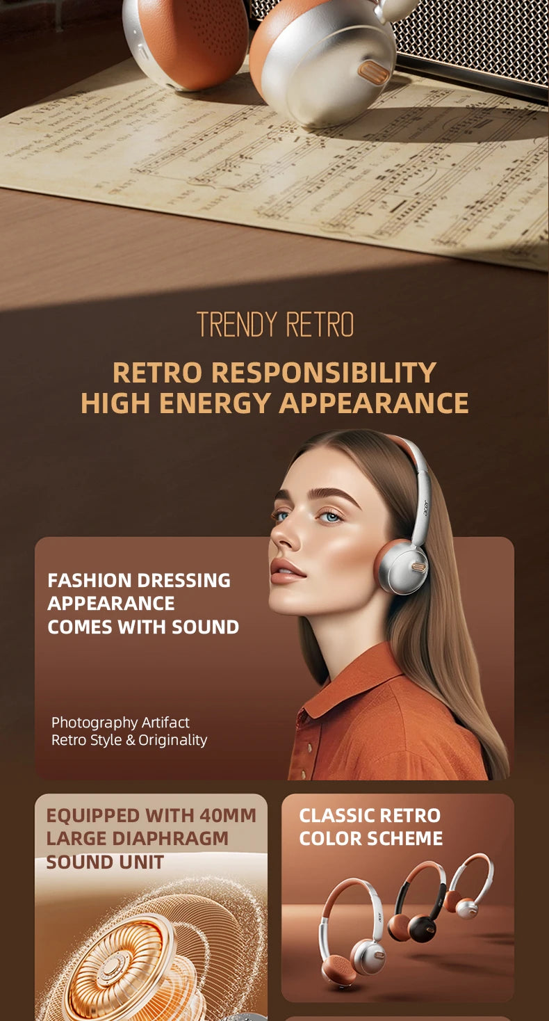 Auriculares Bluetooth Acer OHW111, Estilo Retro, Inalámbricos, Bluetooth 5.4, HIFI Estéreo, para Gamers, 70 Horas de Reproducción