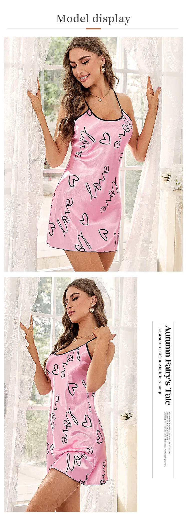 Camisón con estampado de corazón Vestido de dormir elegante con cuello redondo y espalda cruzada Ropa de dormir para mujer