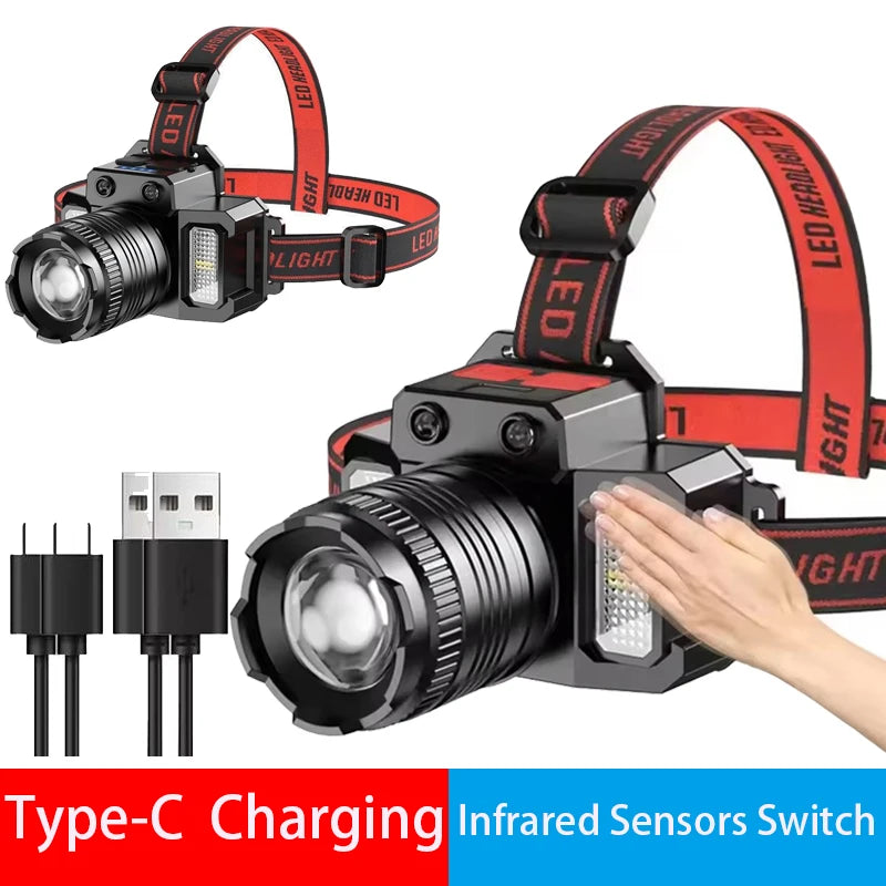 Linterna Frontal LED Recargable USB para Exterior, 5 Modos Impermeable