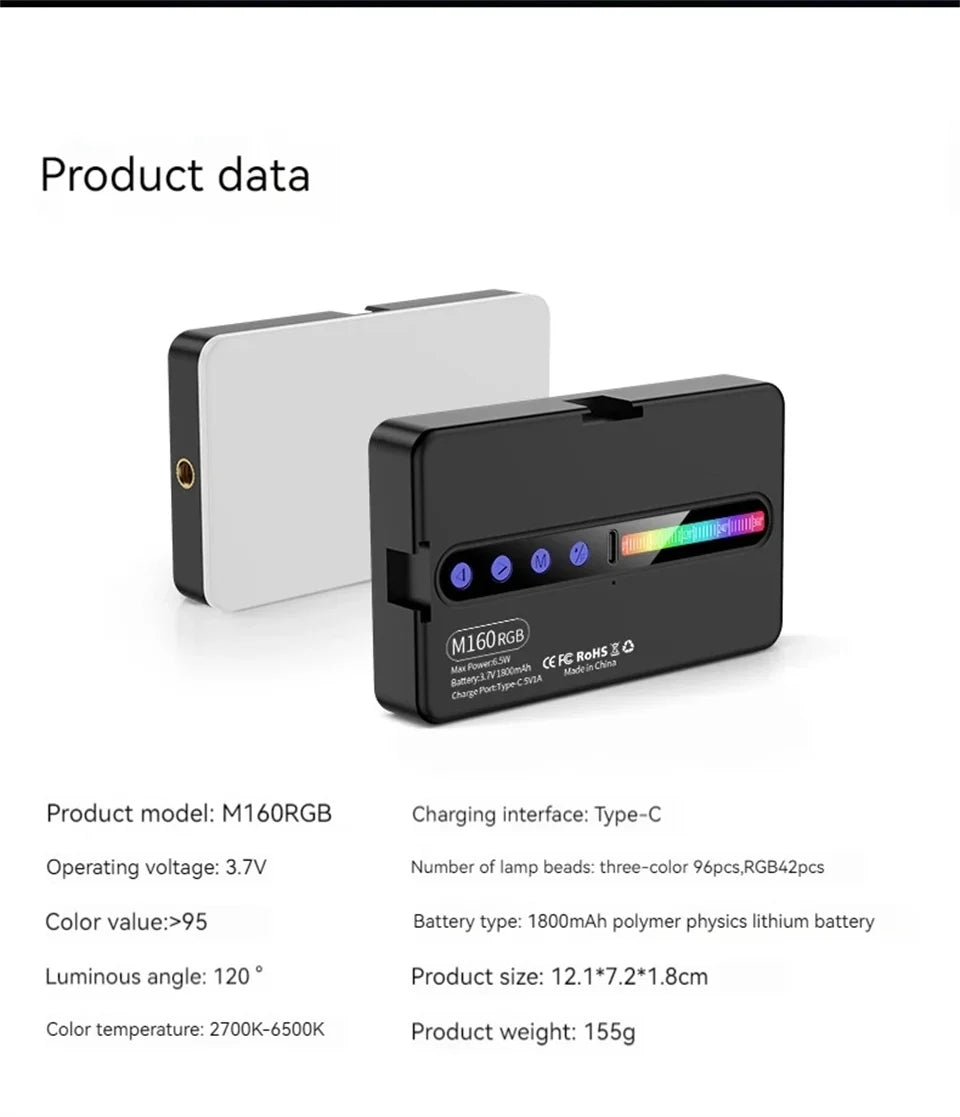 Luz LED RGB para cámara, Kit de luz de vídeo con salida a todo Color, regulable, 2700K-6500K, Panel de luz bicolor CRI 95+, recargable, 1800mAh