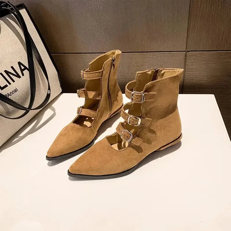 Botines de mujer en ante con hebillas y cremallera, estilo retro occidental