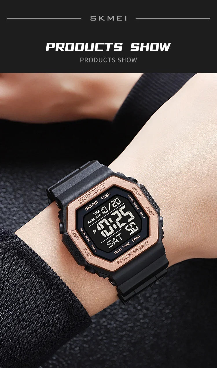 Reloj deportivo Digital SKMEI 1988 para Hombre, pantalla LED, relojes de pulsera militares con cuenta atrás, Reloj impermeable para Hombre 1628