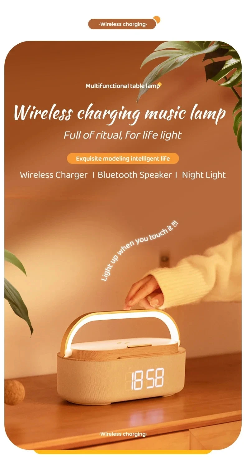 Altavoz Bluetooth portátil con carga inalámbrica, Radio FM, despertador, caja De sonido, música, cargador, lámpara, luz nocturna, Bocina