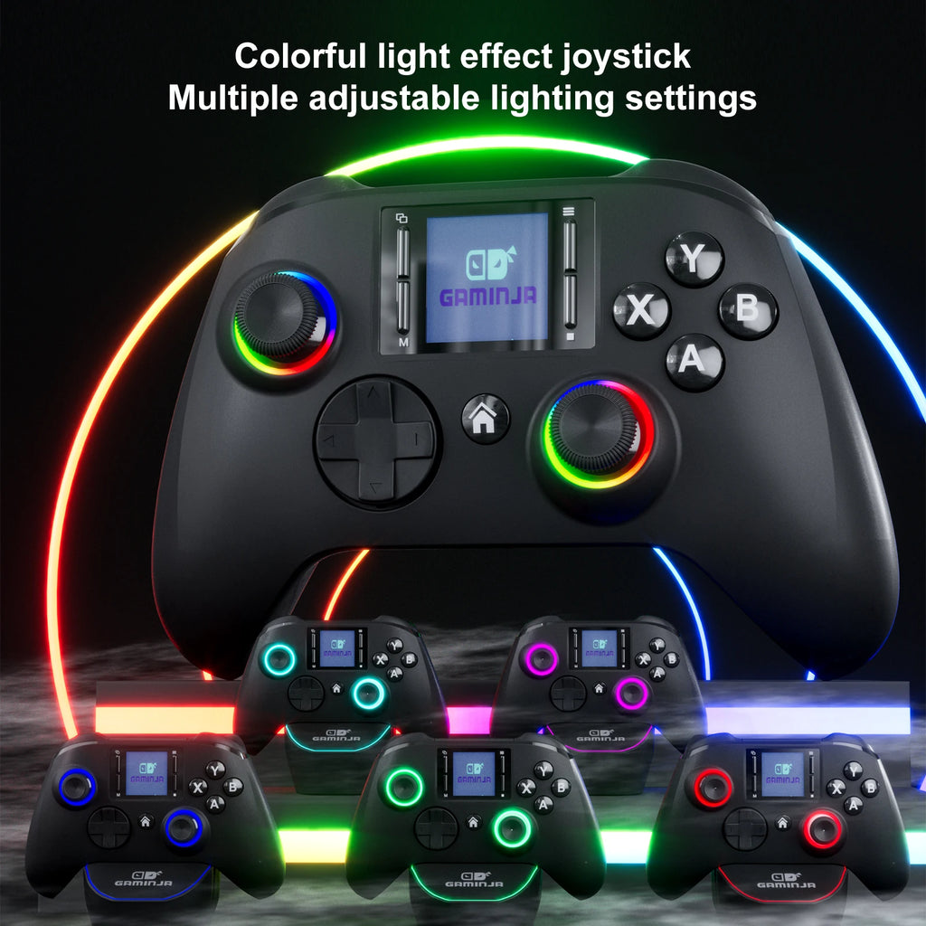 GAMINJA 6162 controlador inalámbrico de pantalla inteligente de 1,44 pulgadas para Switch P4 iOS Android PC TV doble Hall Joystick calibración luz RGB