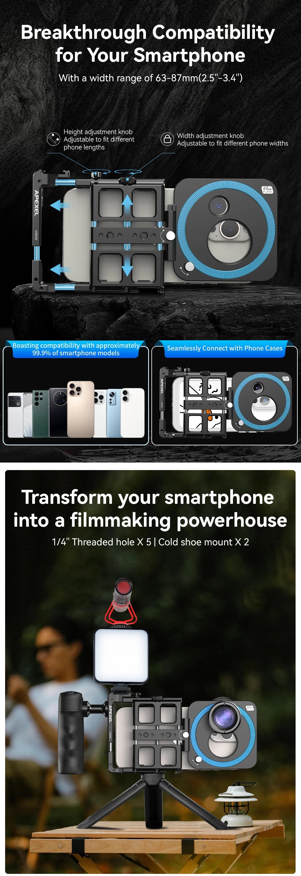 Kit de Video para Teléfono APEXEL Jaula Vlog con Estabilizador