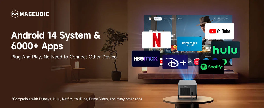 Proyector Magcubic Android 14, 900 ANSI, Enfoque Automático, 8K Nativo, 1080P, con Wifi 6, BT 5.4, HY350Max, para Películas, Uso en Exteriores, Proyección Multiángulo