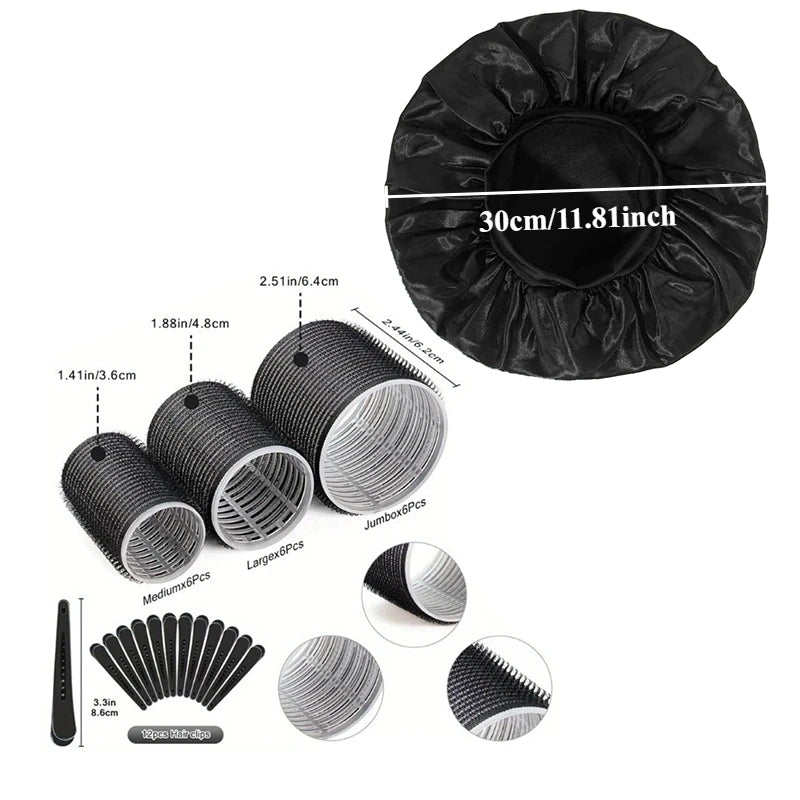 Set de 31 Piezas de Rizadores de Cabello sin Calor con 18 Rodillos Autoadherentes, 12 Pinzas y Gorro de Satén para Ondas Naturales Durante la Noche