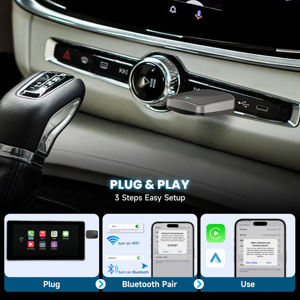 Adaptador inalámbrico CarPlay y Android Auto, Dongle Plug & Play para iOS 10+ / Android 11+ Soporte USB-A/C