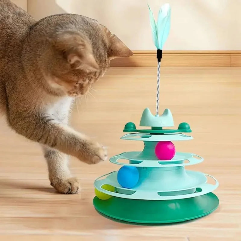 Torre de juguete interactiva para gatos, plato giratorio para gatitos, bolas con rodillo, juguetes con plumas, suministros de entrenamiento para mascotas, juguete para torre para gatos