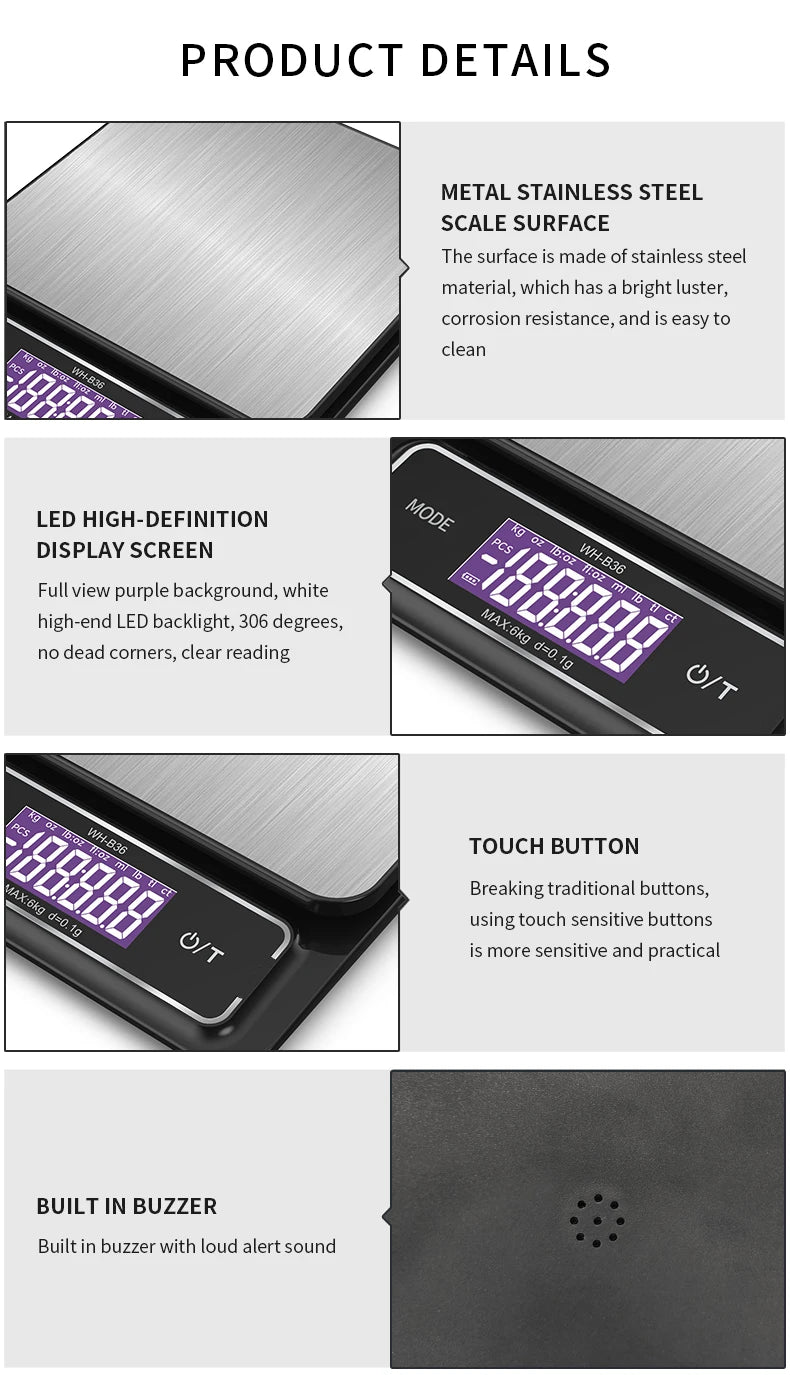 Báscula de cocina electrónica Digital de 6kg/0,1g, 10kg/1g, pantalla LCD, herramienta de medición de acero inoxidable totalmente impermeable para hornear