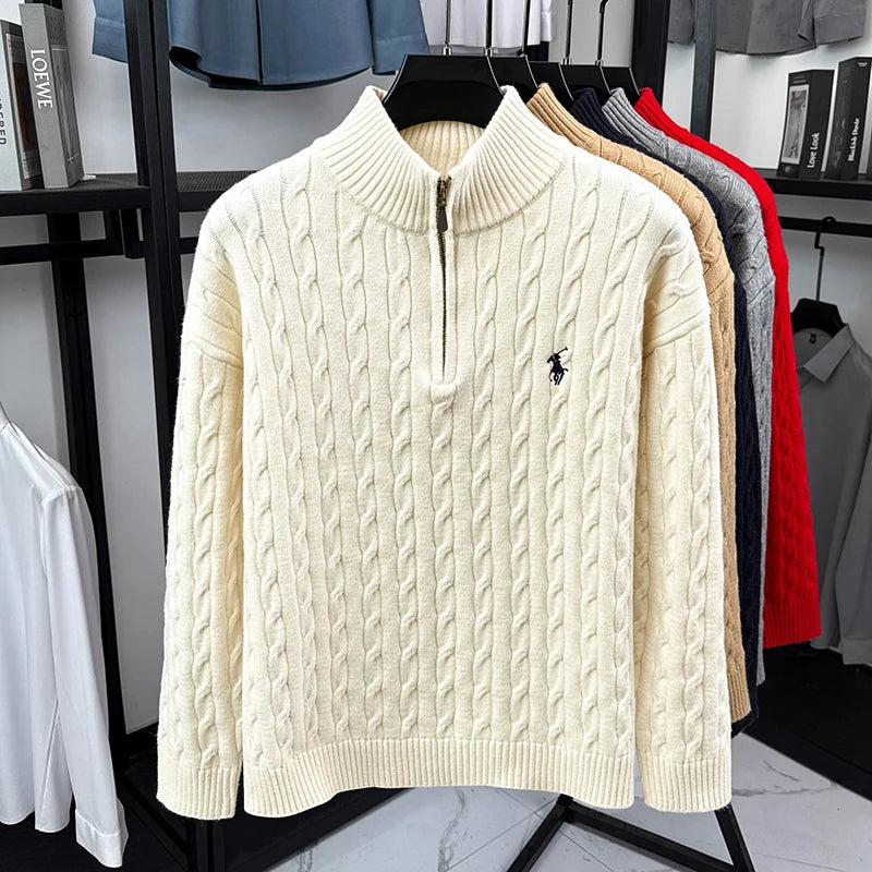 Suéter Vintage para Hombre con Cuello Alto, Bordado y Cremallera