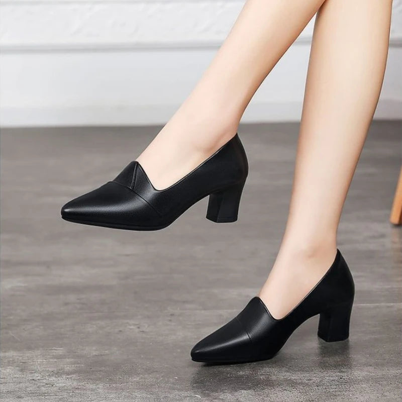 Zapatos de Tacón Grueso con Punta en Pico para Mujer, Zapatos de Oficina y Carrera, Corte en V, Acabado Mate, Clásicos, Elegantes y Cómodos