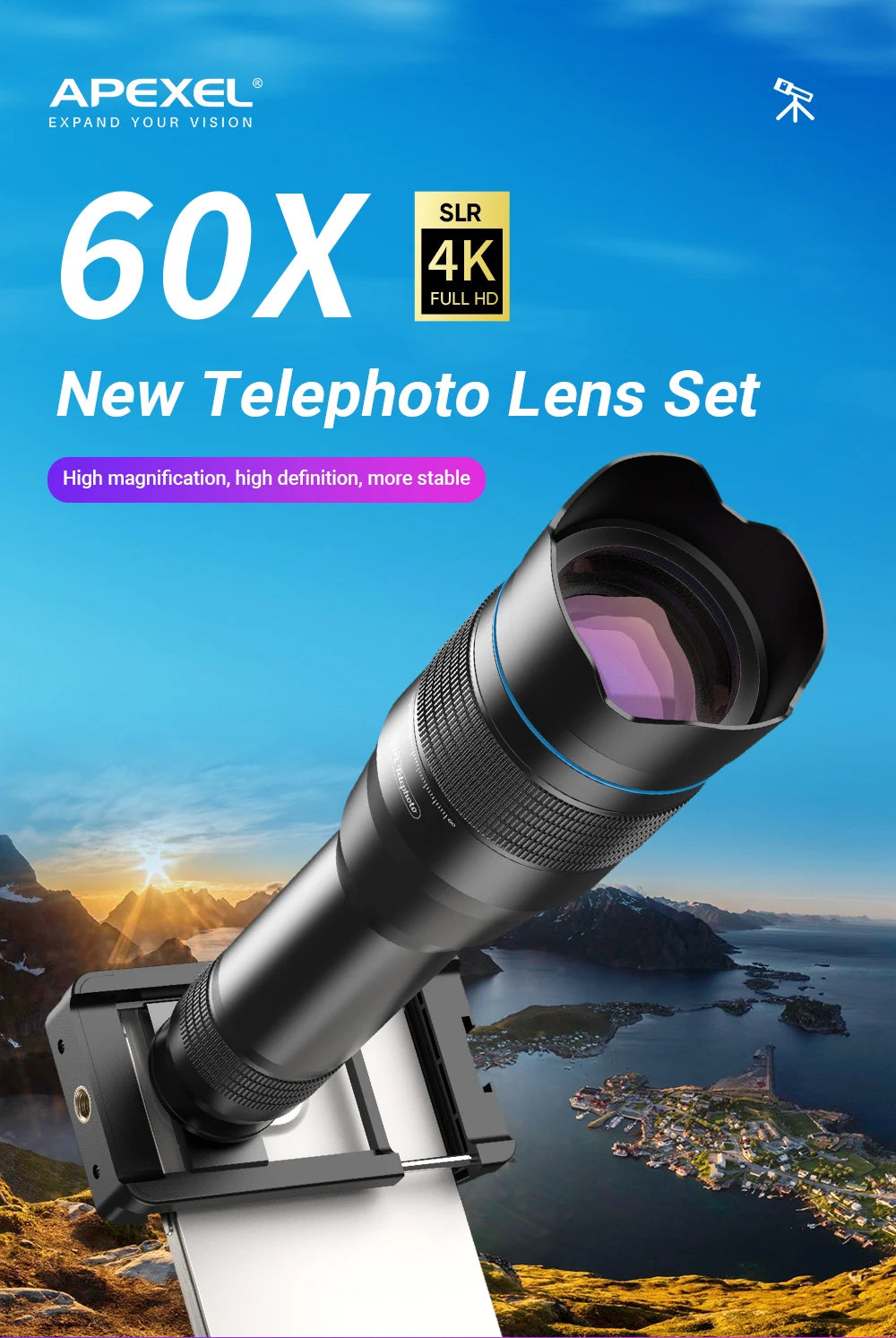 Lente Telefoto Zoom 60X APEXEL HD Metálico para Smartphones