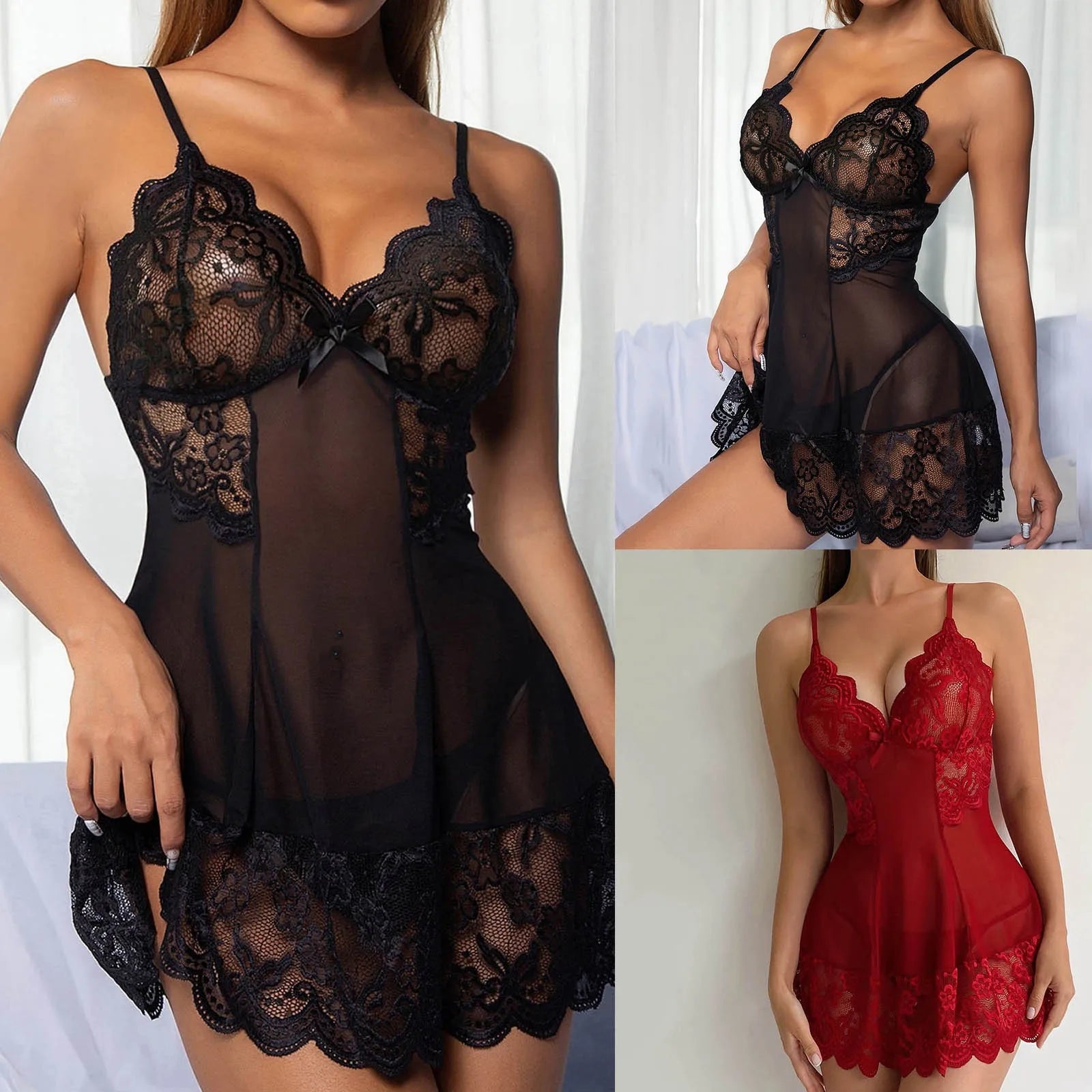 Camisón de Encaje Sexy Talla Grande con Cuello en V