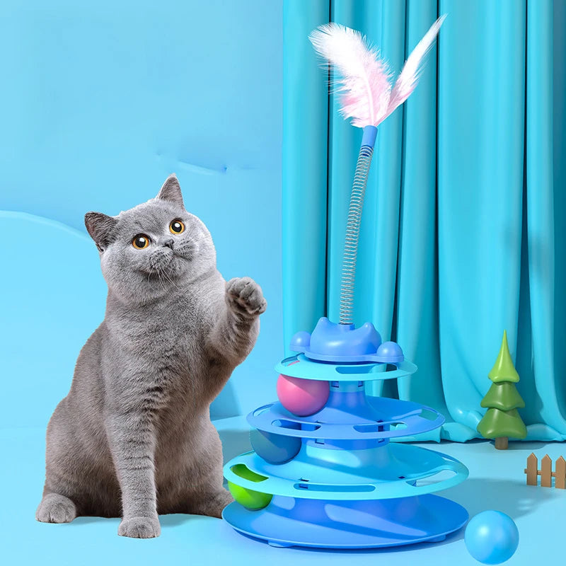 Torre de juguete interactiva para gatos, plato giratorio para gatitos, bolas con rodillo, juguetes con plumas, suministros de entrenamiento para mascotas, juguete para torre para gatos