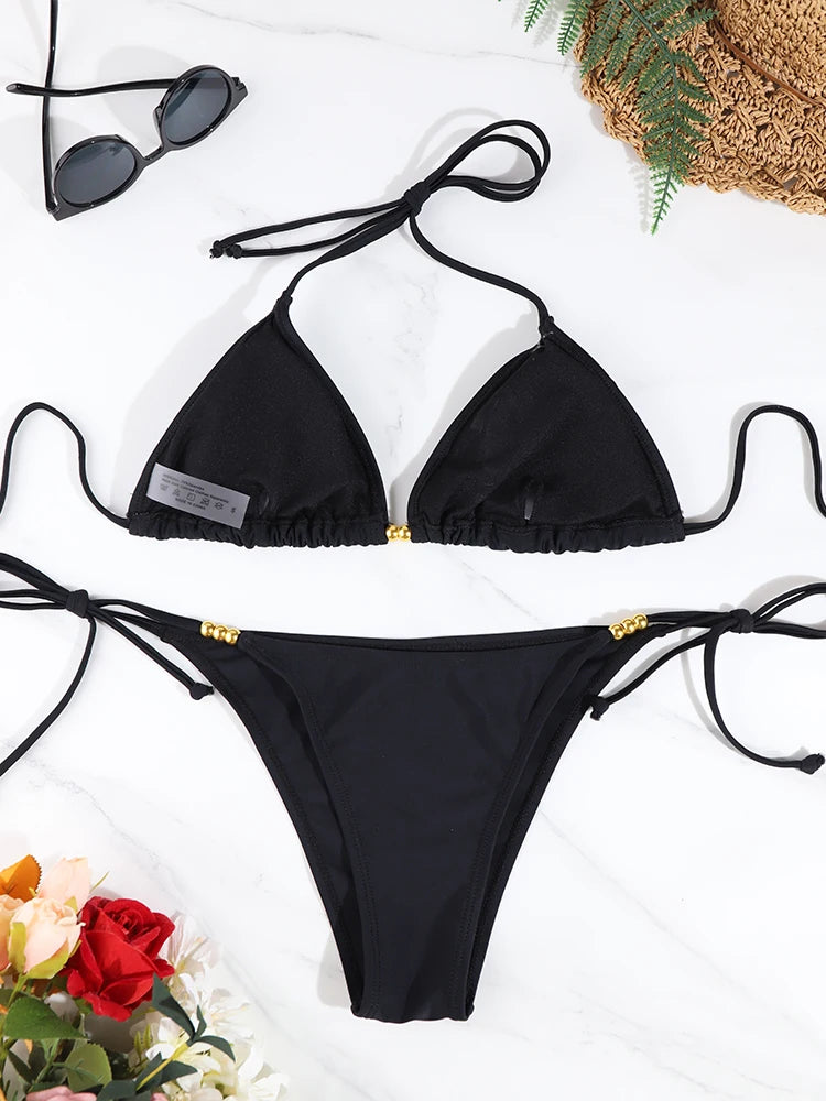Conjunto de Bikini Triangular Sexy con Tanga Micro, Traje de Baño para Mujer, Ropa de Playa, Bikini de Color Sólido