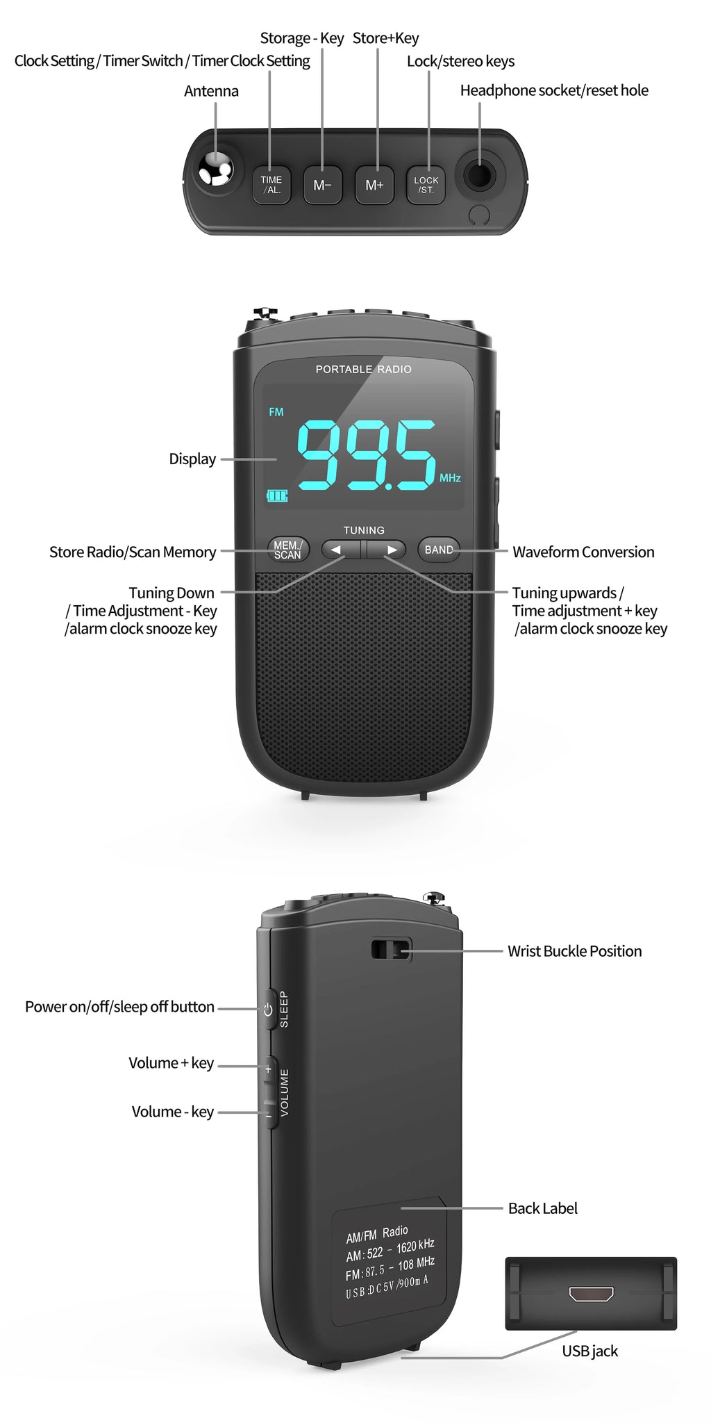 Mini Radio portátil AM/FM recargable con altavoz estéreo y despertador